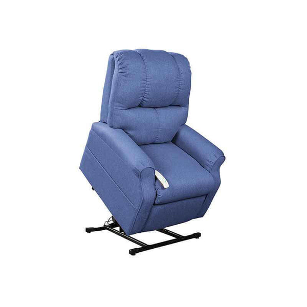 Blue Mega Motion 3-position lift chair, shown in the lift position with the seat tilted forward to assist in standing up