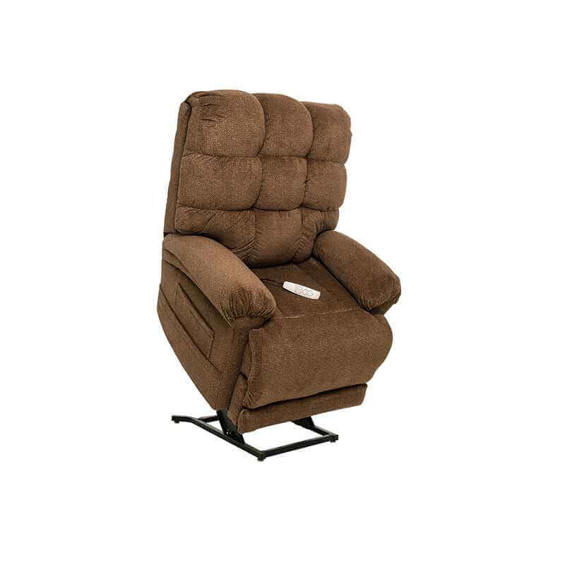 Mega Motion Trendelenburg Lift Chair with heat & massage in nutmeg color, lifting up with seat tilted forward to help user stand