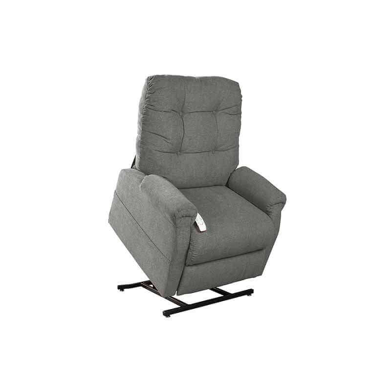 Mega Motion MM-4001 Petite Lift Chair Recliner in pebble gray, shown with lift mechanism lifting up tilting seat forward to help user stand up