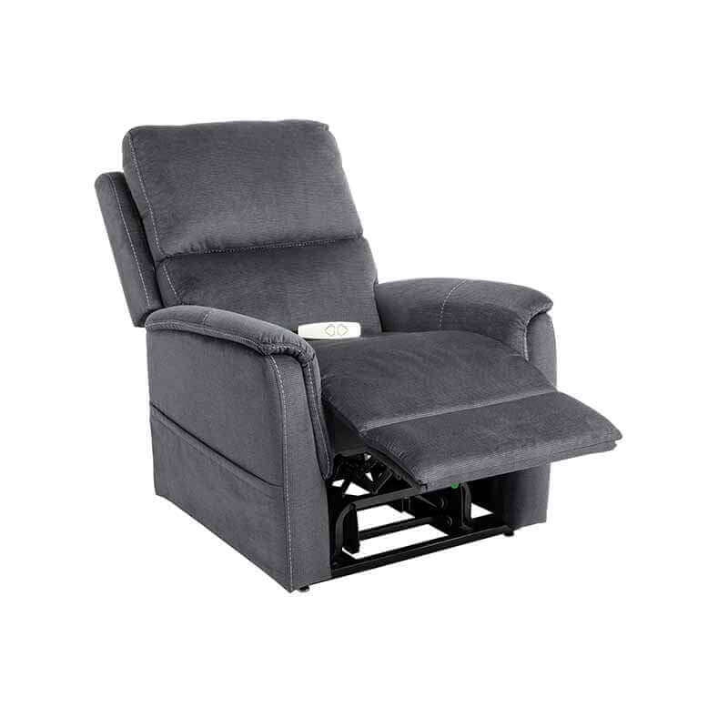 Metallic gray Mega Motion MM-3605 Power Lift Recliner in a partially reclined with footrest raised halfway up. Perfect for TV watching