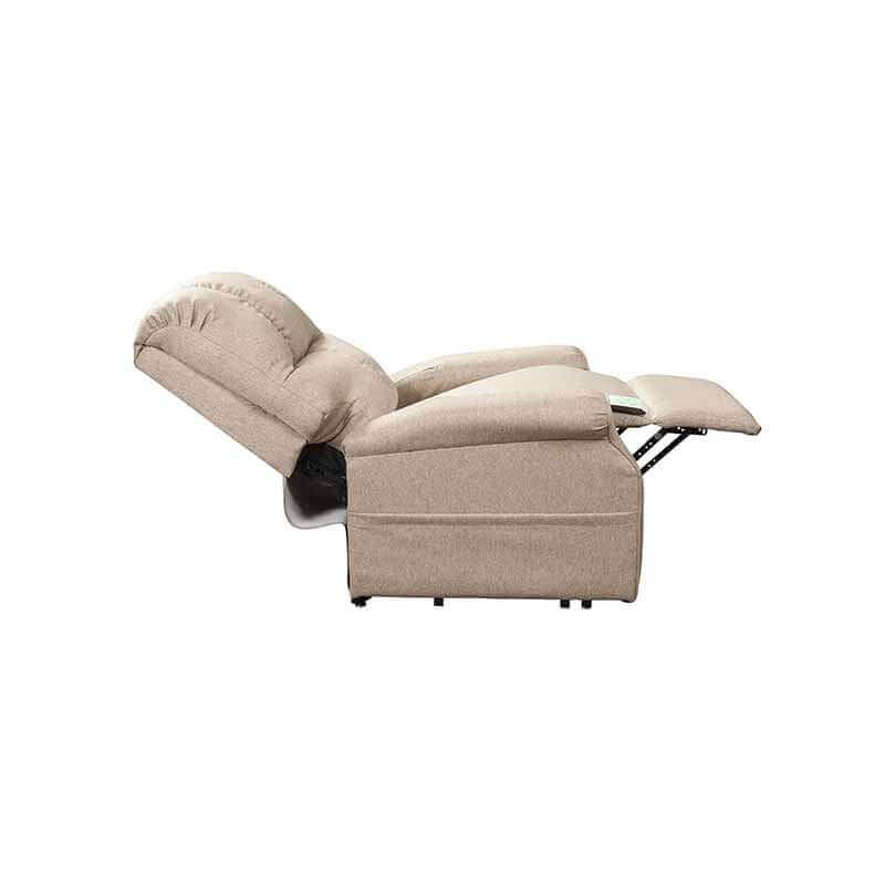 Beige Mega Motion 3-position lift chair with backrest reclined to take a good nap with footrest elevated all the way up