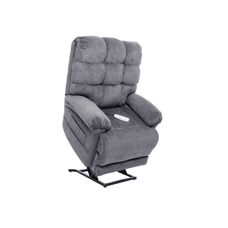 Gray Mega Motion Trendelenburg Lift Chair with heat & massage, displayed in lift position to assist user in standing up