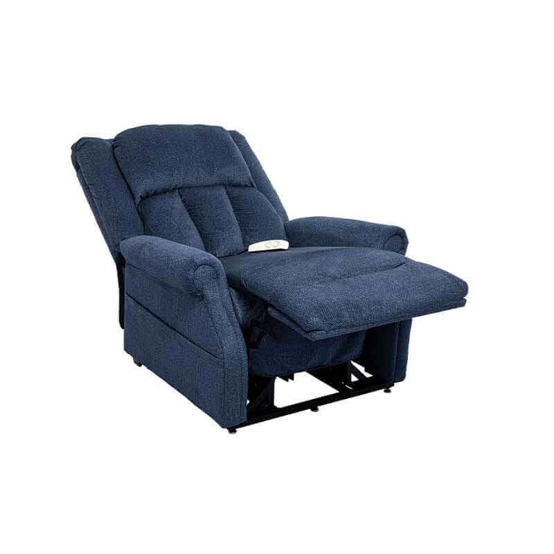 Blue Mega Motion Heavy Duty Lift Chair 500lb, reclined with footrest elevated high & back reclined for optimal relaxation