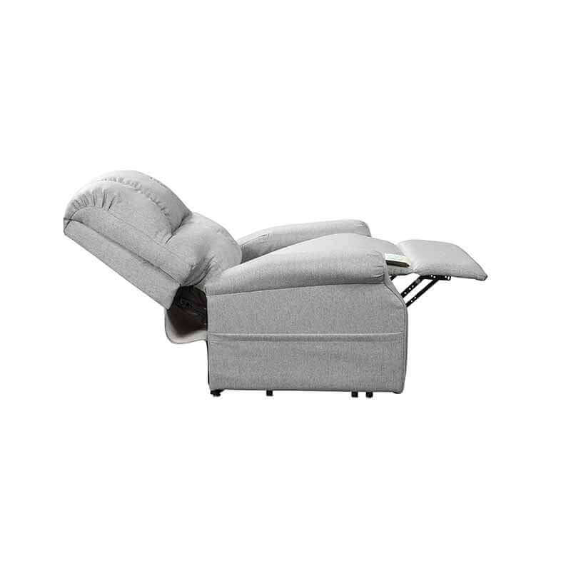 Mega Motion 3-position lift chair in silver gray color with backrest reclined for a nap and footrest elevated all the way up