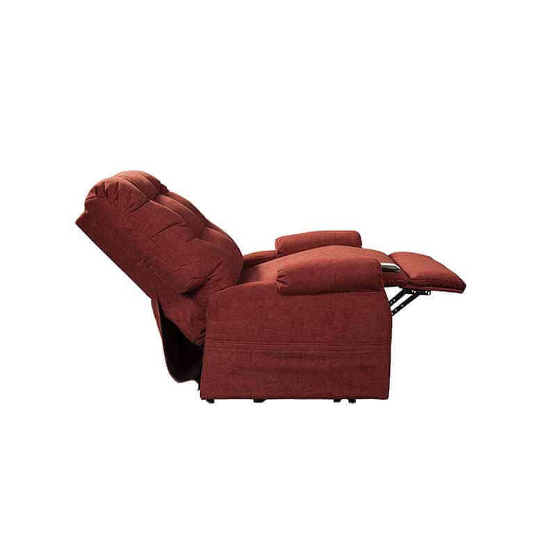 Mega Motion MM-4001 Petite Reclining Lift Chair in rusty red with padded armrest, reclined at 45 degree angle for resting or napping.