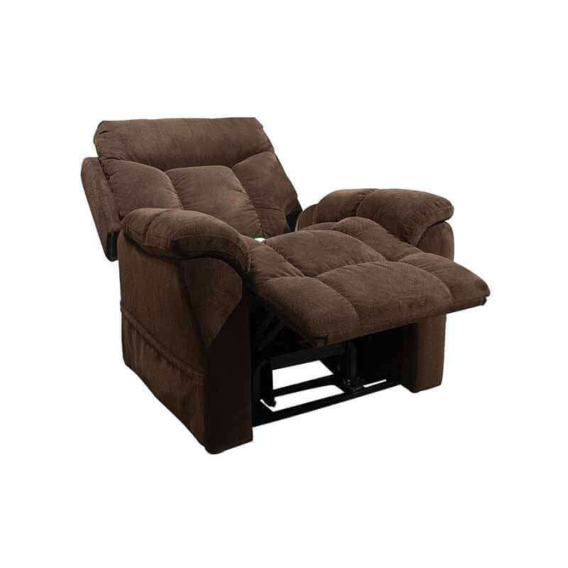 Brown Mega Motion MM-5300 Power Lift Recliner with ample cushioning, reclined back to relax or take a nap with footrest elevated high