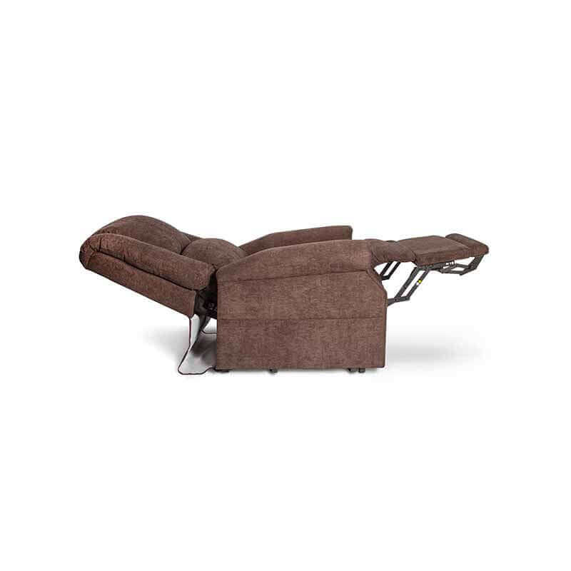 Brown color Mega Motion Zero Gravity Lift chair, reclined to zero gravity position with footrest raised higher than heart level