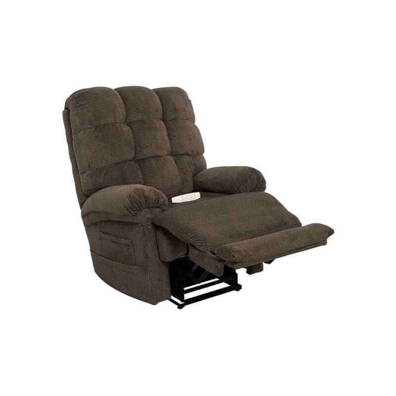 Brown Mega Motion Trendelenburg Lift Chair with heat and massage, reclined to TV watching position with extended footrest raised