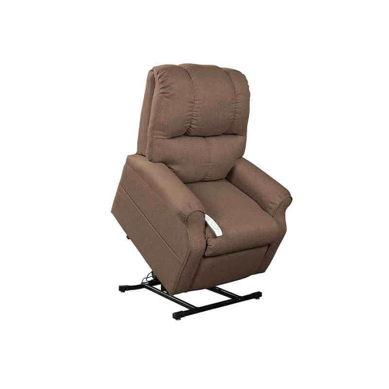 Brown Mega Motion 3-position lift chair, shown lifting up with the seat tilted forward to assist in standing up