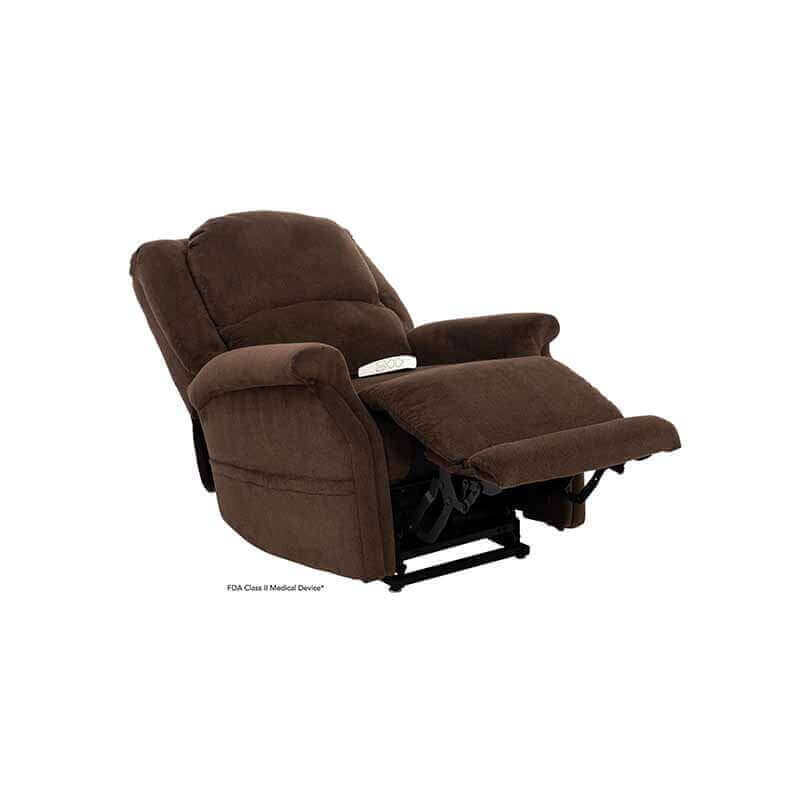 Brown Mega Motion Zero Gravity Recliner with heat & massage, reclined back at 45-degree angle with extended footrest elevated