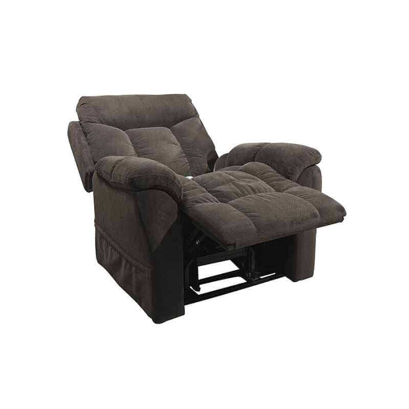 Steel color Mega Motion MM-5300 Power Lift Recliner with ample cushioning, reclined back to relax or take a nap with footrest raised high