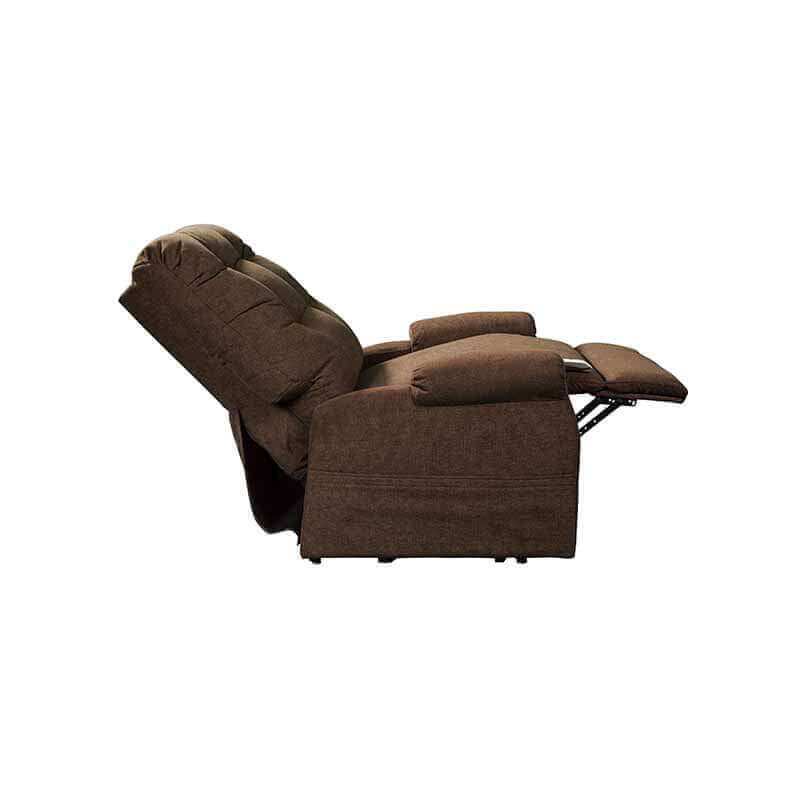 Dark brown Mega Motion MM-4001 Petite Reclining Lift Chair, reclined at a 45-degree angle with padded armrests. Ideal for resting or napping