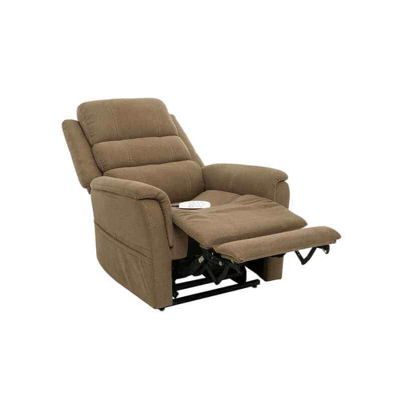 Mega Motion MM-3603 Lay Flat Recliner chair in light brown gold color, in TV watching position with backrest reclined and footrest raised