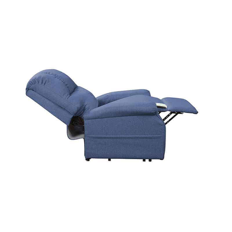 Blue Mega Motion 3-position lift chair with backrest reclined for a nap and footrest elevated all the way up