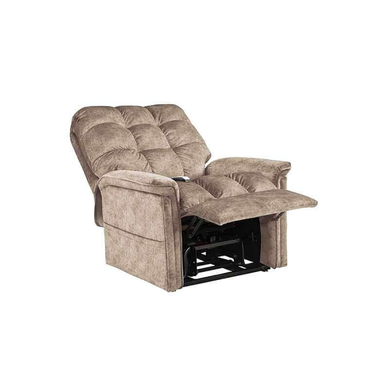 Mega Motion MM-5001 Lift Recliner Chair in mushroom color, reclined to TV watching position with footrest raised high