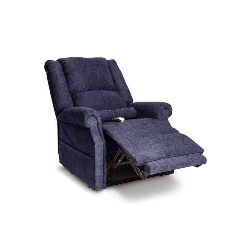 Mega Motion Zero Gravity Lift Chair covered in navy blue fabric, partially reclined with extended footrest elevated