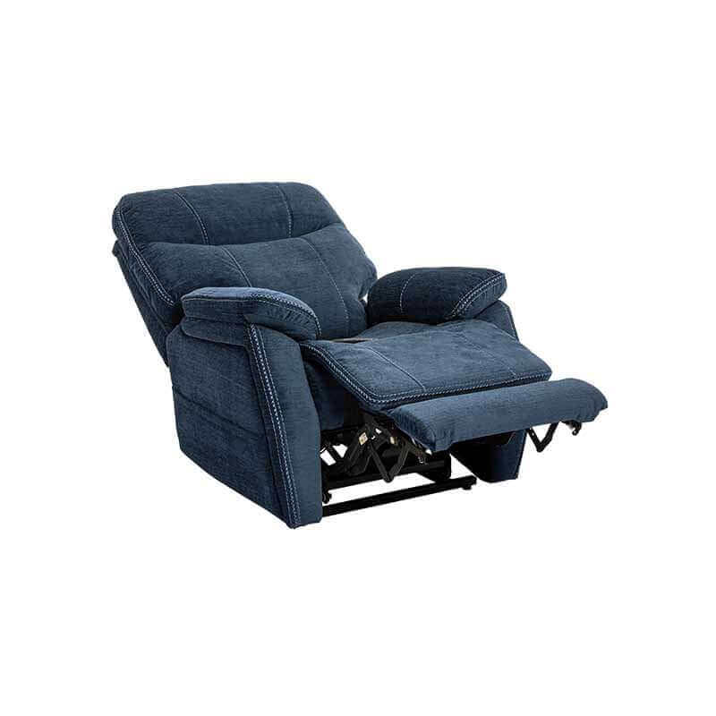 Navy Blue Mega Motion MM-3710 Infinite Position Lift Chair with the backrest reclined back to relax and the footrest elevated to support legs