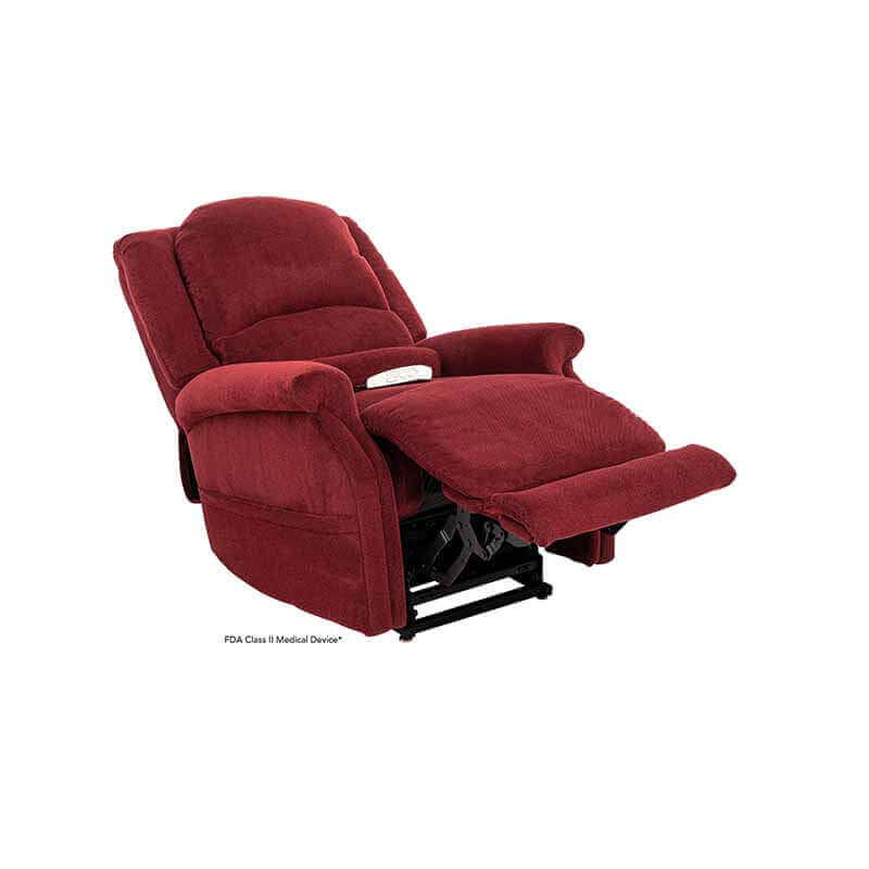 Red Mega Motion Zero Gravity Recliner with heat & massage, shown with footrest raised and backrest slightly reclined for relaxation
