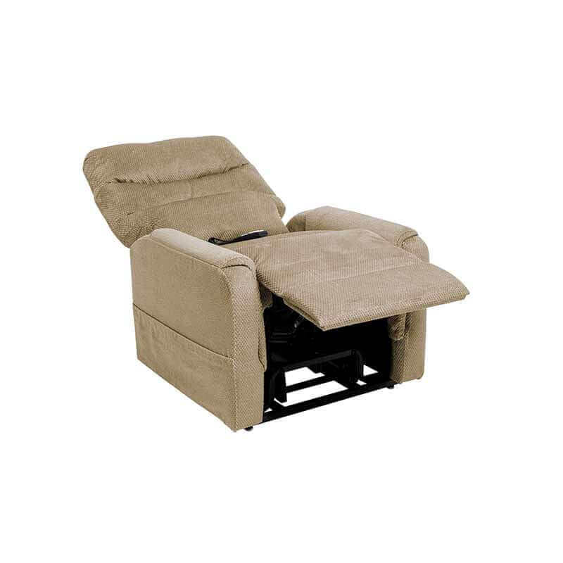Golden brown Mega Motion MM-3601 lift recliner with heat & massage, reclined to napping position with footrest elevated up high