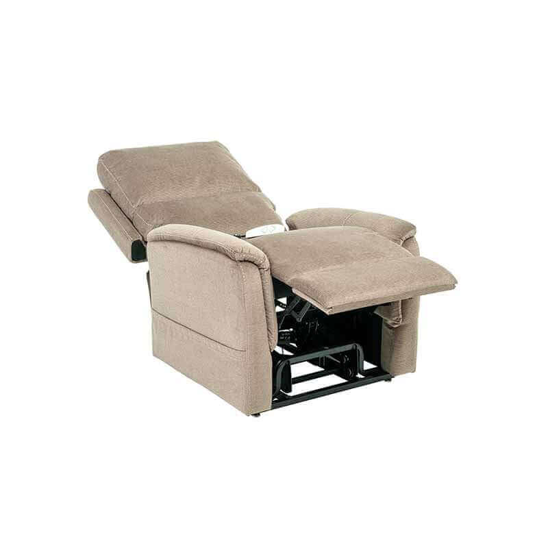 Mega Motion MM-3605 Power Lift Recliner in taupe color, with backrest reclined for lounging and footrest elevated all the way up