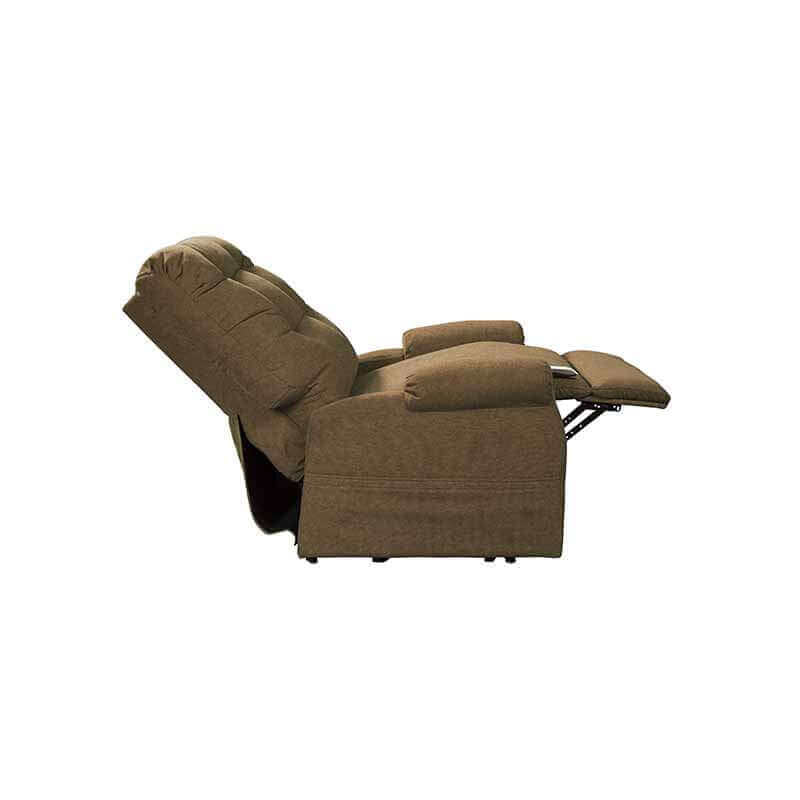 Mega Motion MM-4001 Petite Lift Chair in tan brown color, reclined at a 45-degree angle with padded armrests. Ideal for resting or napping