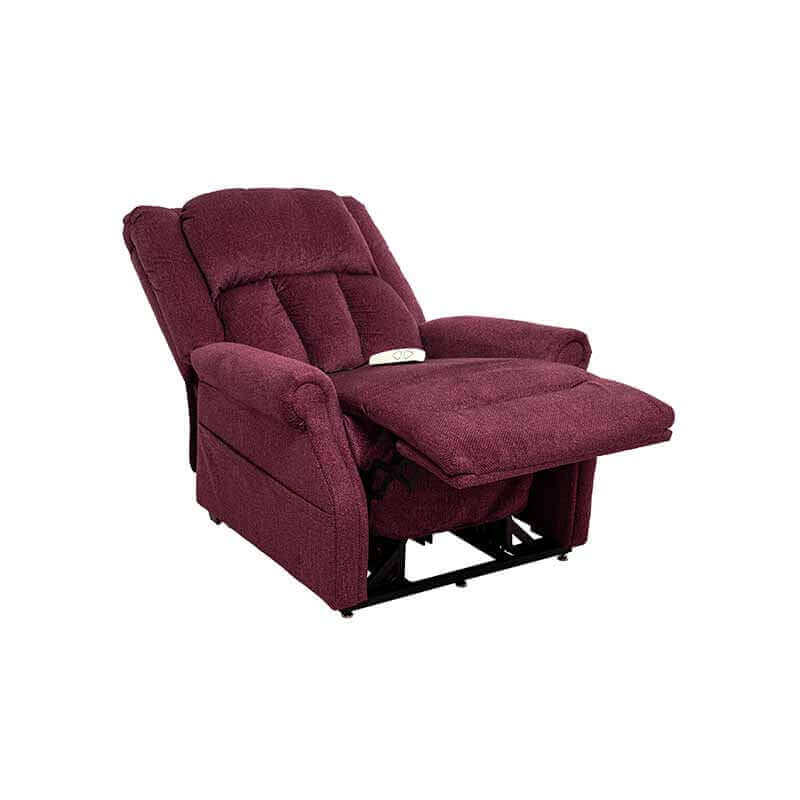 Wine Red Mega Motion Heavy Duty Lift Chair 500lb with Heat & Massage, in partially reclined position with leg rest raised high ready to take a nap
