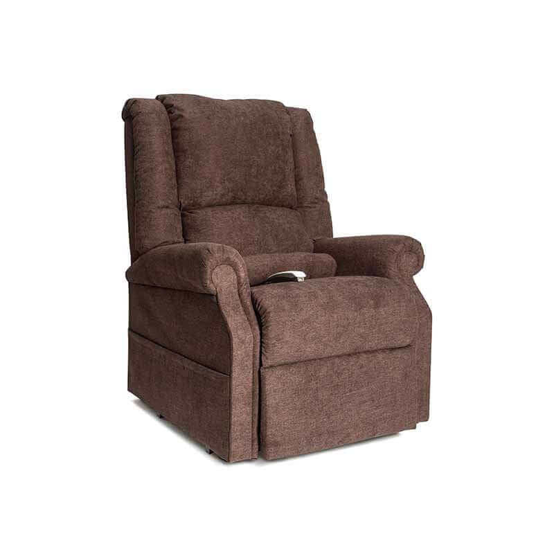 Brown Mega Motion Zero Gravity Lift Chair with pillow in lumbar area for lower back, sitting in upright position