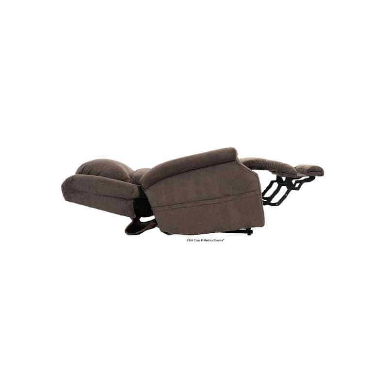 Mega Motion Zero Gravity Recliner in Iron color, showing backrest laying flat and footrest elevated higher than heart level