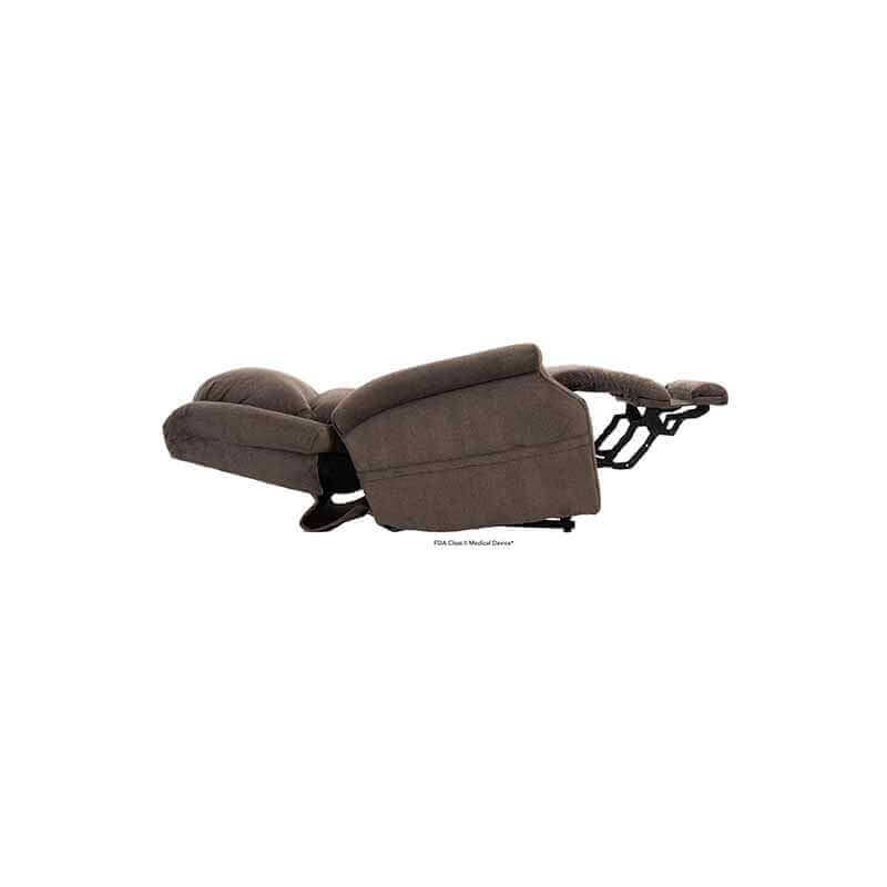 Iron-colored Mega Motion Zero Gravity Recliner with heat & massage, in sleeping position with backrest flat and footrest raised