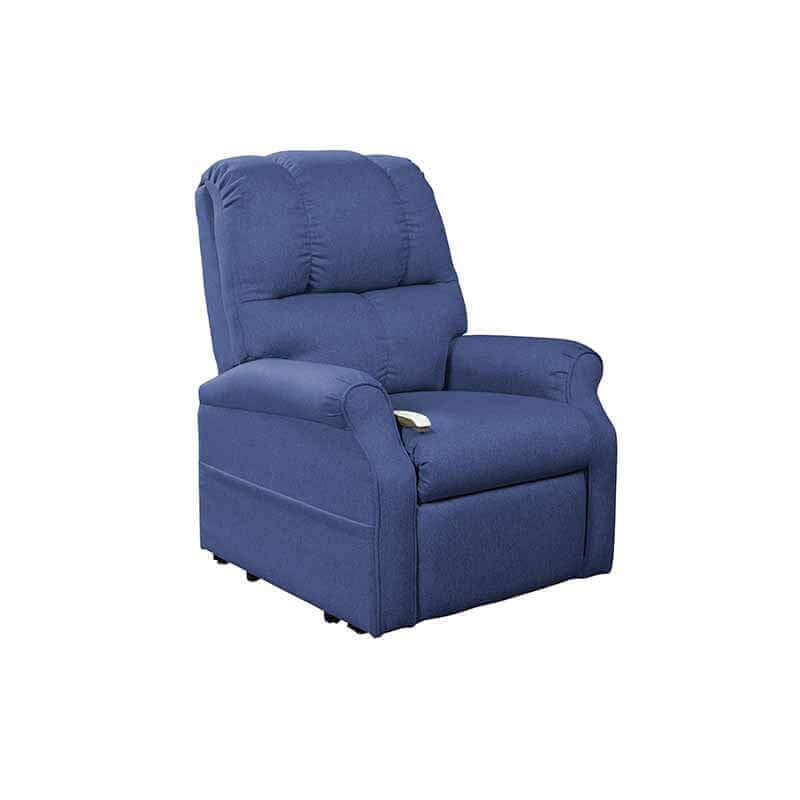 Blue Mega Motion 3-position lift chair with side pockets, shown in an upright position for sitting up straight.