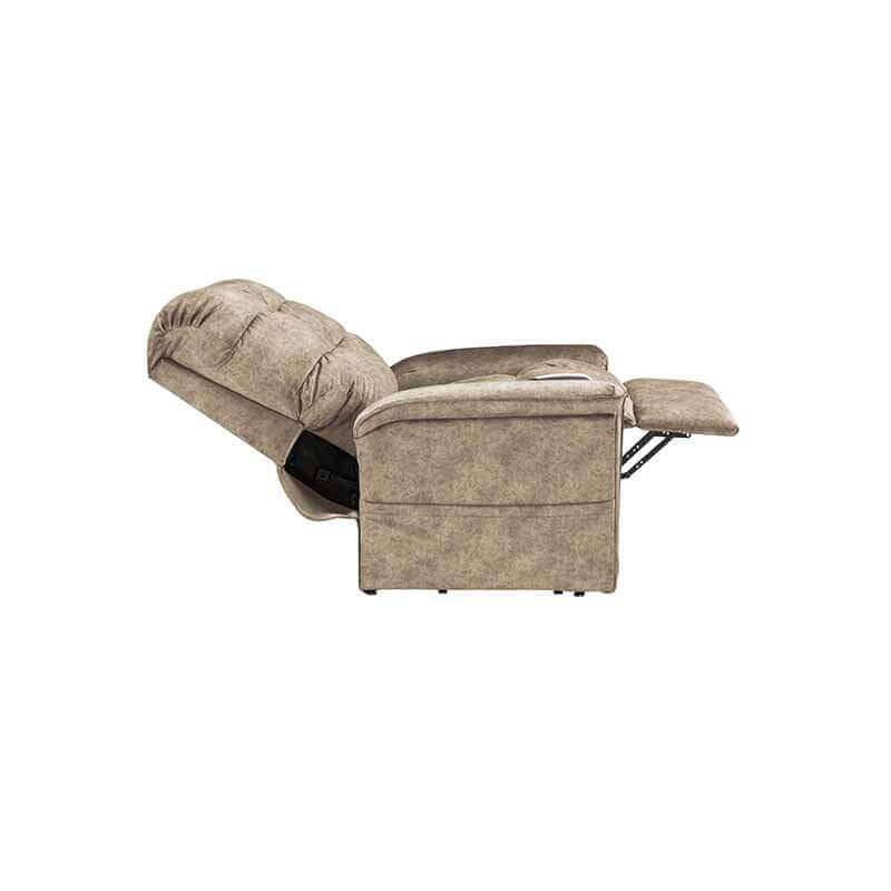 Mega Motion MM-5001 Lift Recliner Chair in mushroom color, reclined to napping position with footrest elevated all the way up for a good rest