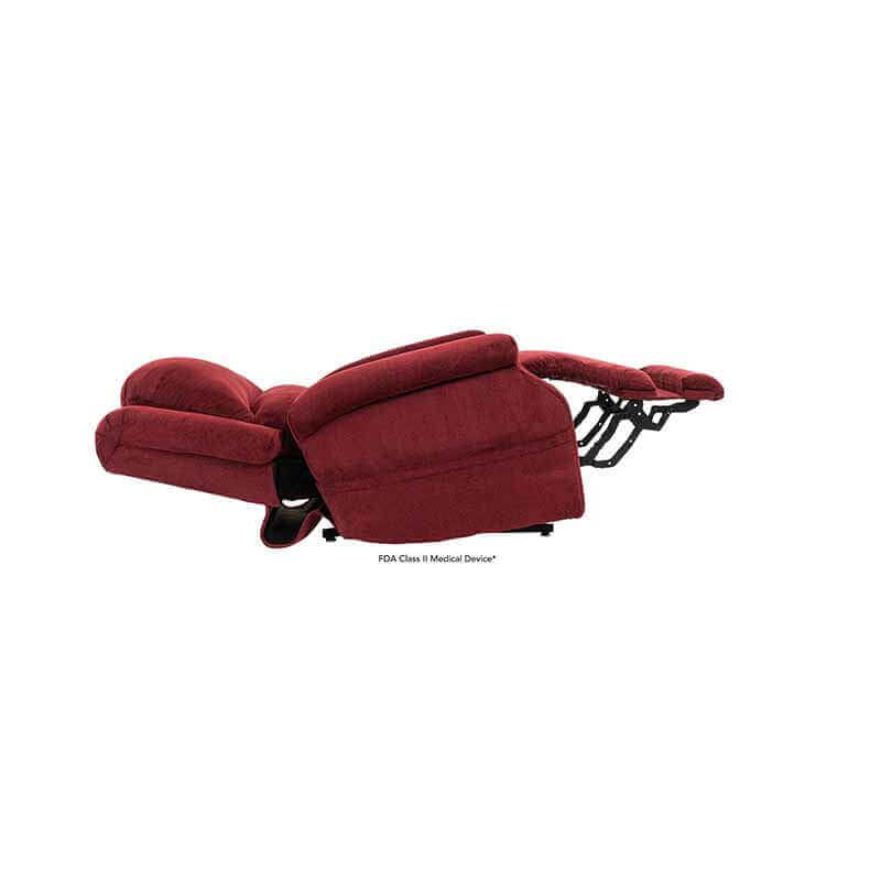 Red Mega Motion Zero Gravity Recliner, shown in zero gravity position with footrest elevated above heart level to promote circulation