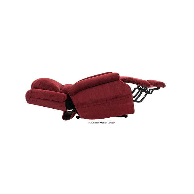 Red Mega Motion Zero Gravity Recliner with heat & massage, reclined to Trendelenburg position with footrest elevated above heart level