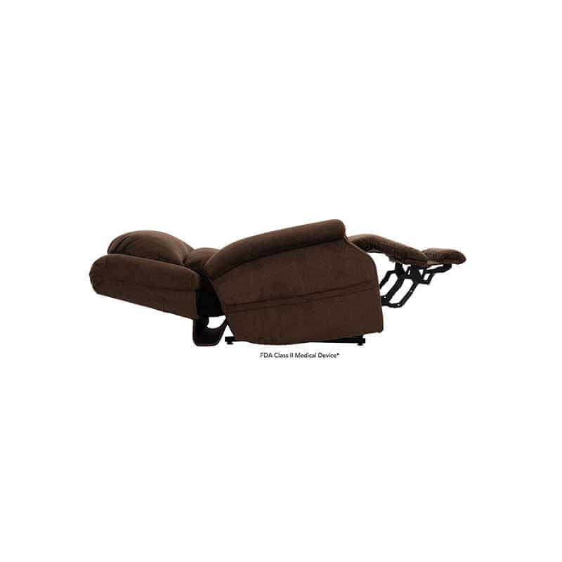 Brown Mega Motion Zero Gravity Recliner with heat & massage, backrest reclined almost flat with footrest elevated higher than heart level 