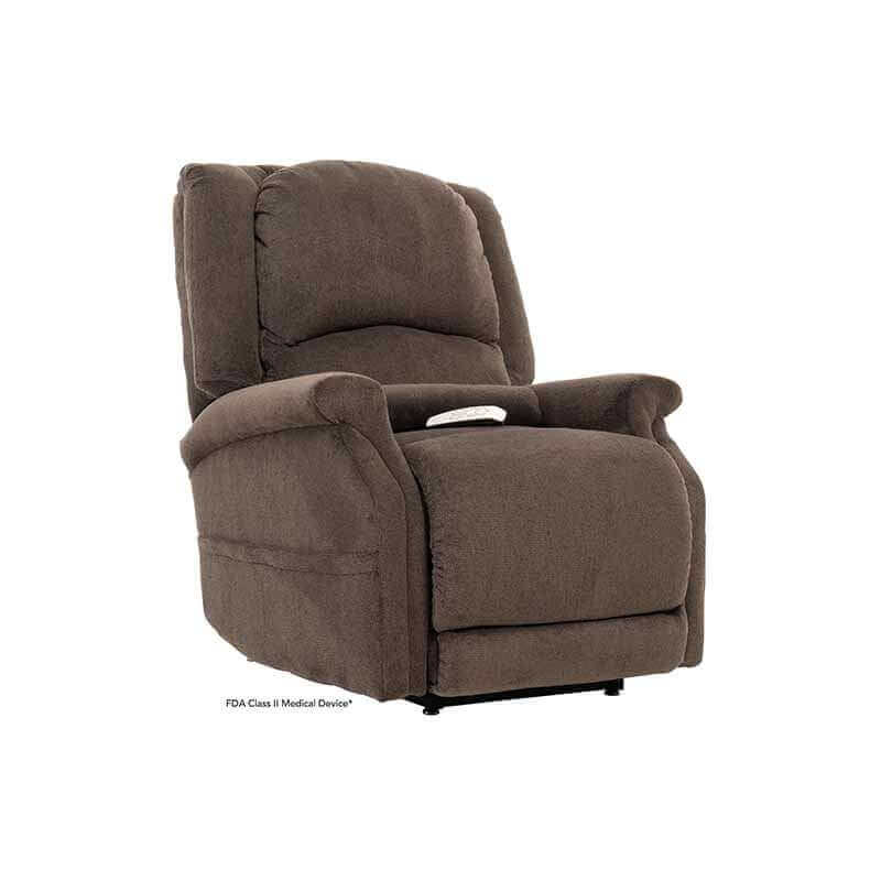 Iron-colored Mega Motion Zero Gravity Recliner with heat & massage, shown in upright seated position and pillow for lower back