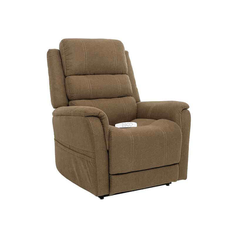 Motion MM-3603 Lay Flat Recliner in light gold brown color with side pockets, shown in an upright position for sitting up straight.