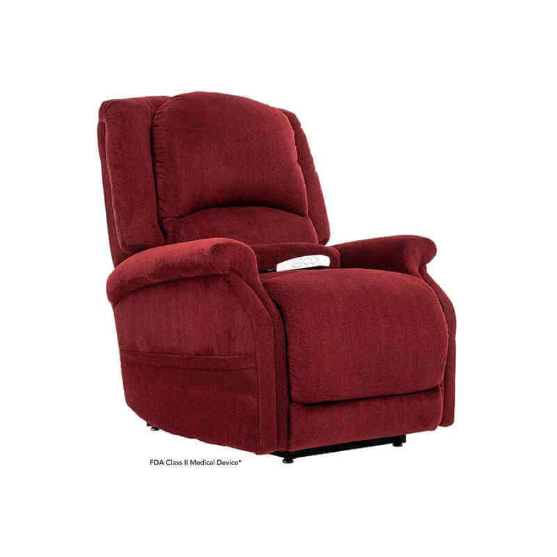 Red Mega Motion Zero Gravity Recliner, displayed in an upright position with plush cushioning featuring side pockets