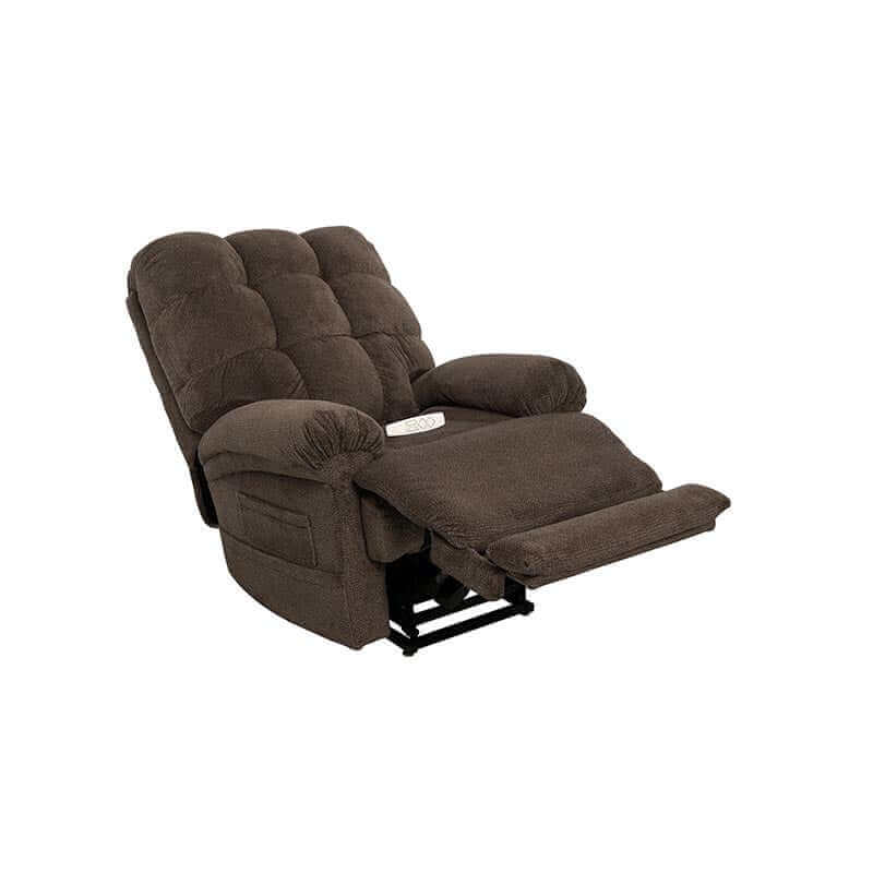Brown Mega Motion Trendelenburg Lift Chair with heat and massage, reclined back with extended footrest raised to support legs