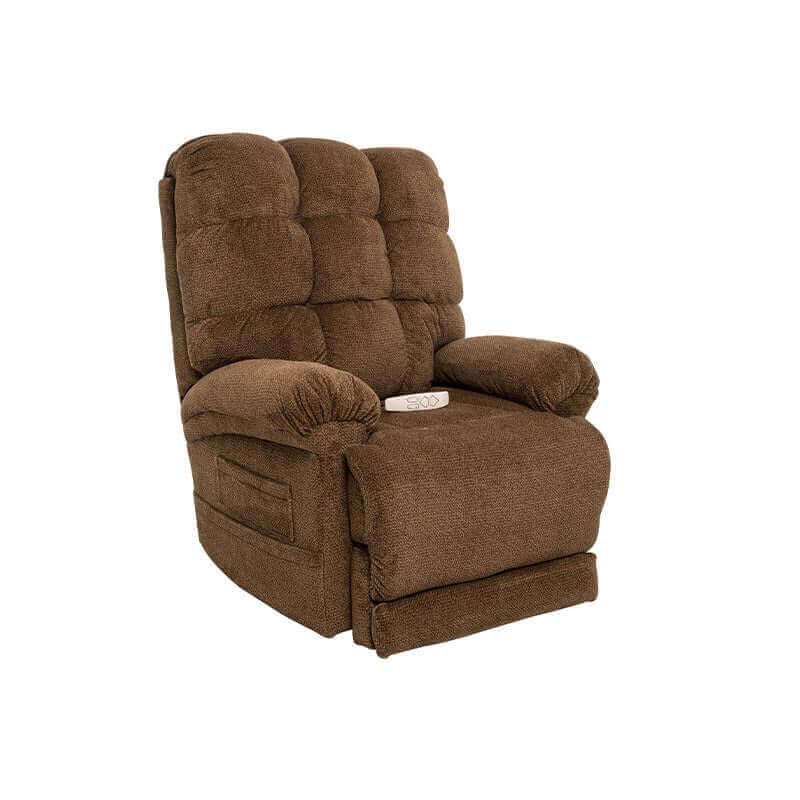 Mega Motion Trendelenburg Lift Chair with heat & massage in nutmeg color, sitting upright featuring padded armrests & side pockets