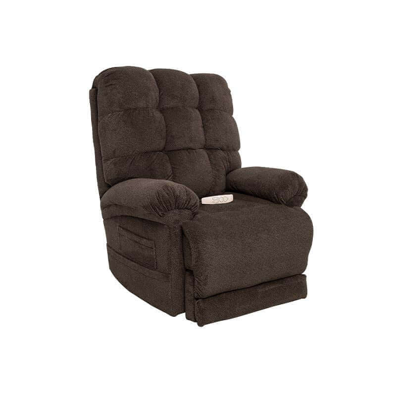 Brown Mega Motion Trendelenburg Lift Chair with heat & massage showcased in upright position featuring side pockets & armrest