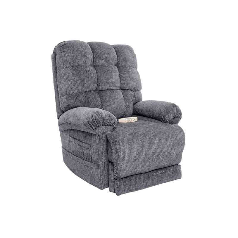 Gray Mega Motion Trendelenburg Lift Chair with heat & massage, shown in upright position with soft cushioning and padded armrest