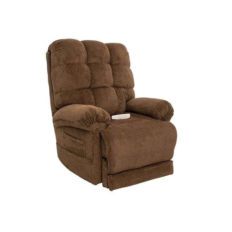 Mega Motion Trendelenburg Lift Chair in a Nutmeg color with side pockets and alot of cushioning, sitting upright