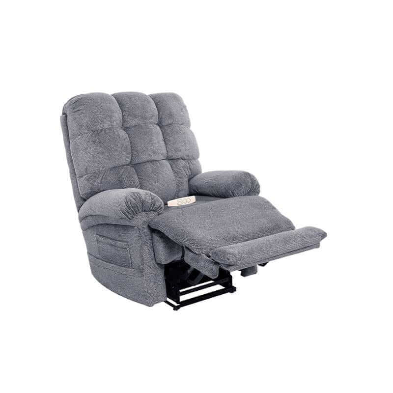 Gray Mega Motion Trendelenburg Lift Chair with side pockets in TV watching position with extended footrest raised to kick feet up