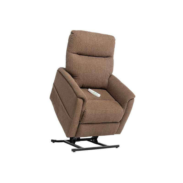 Mega Motion MM-6410 Petite Lift Chair in light cherry color, shown in lift position with lift mechanism lifting up to help user stand