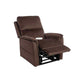 Coffee brown Mega Motion MM-3605 Power Lift Recliner in TV watching position with footrest partially raised featuring side pockets