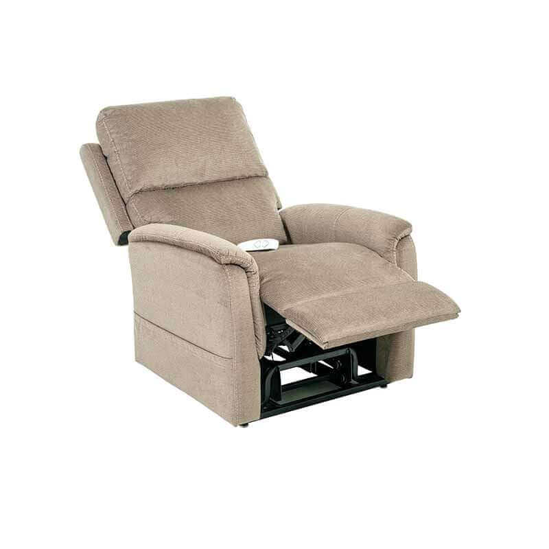 Mega Motion MM-3605 Power Lift Recliner in taupe color, reclined at back at 45-degree angle with footrest elevated for relaxing