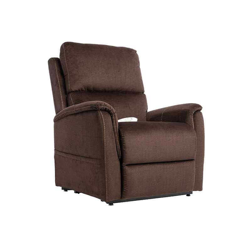Coffee brown Mega Motion MM-3605 Power Lift Recliner in seated position, showing padded backrest and arms with side pocket