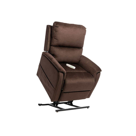 Coffee brown Mega Motion MM-3605 Power Lift Recliner in upright lift position, with seat tilted forward to assist user in standing up