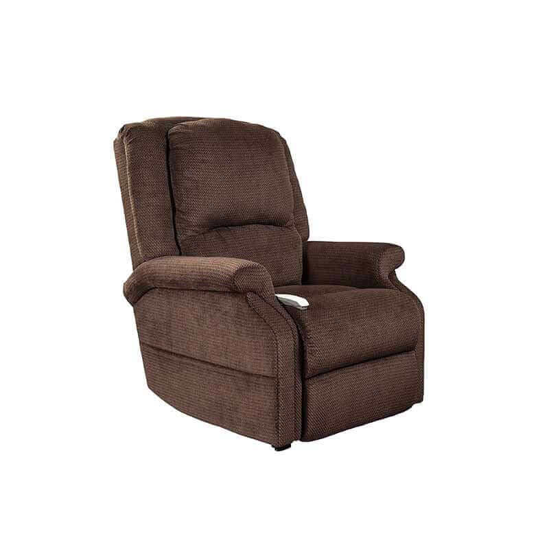 Brown Mega Motion Zero Gravity Recliner, shown in an upright position with plush cushioning and padded armrests