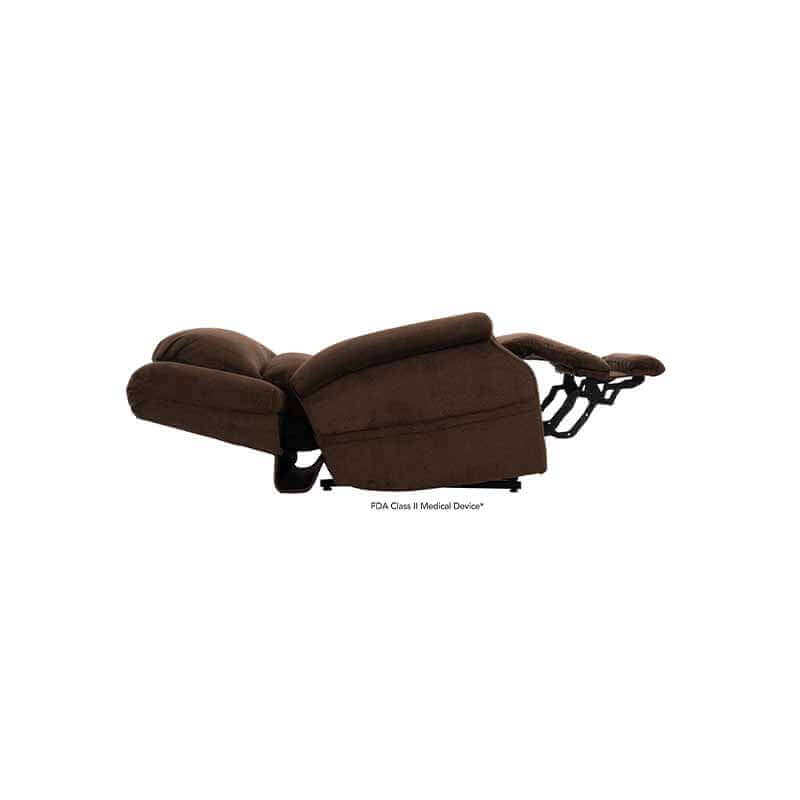 Brown Mega Motion Zero Gravity Recliner, shown laying flat like a bed for sleeping with the backrest flat and footrest raised